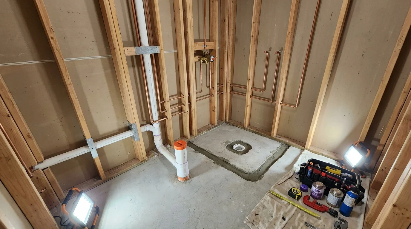 Bathroom rough-in plumbing during remodel by Johns Plumbing LLC in Great Barrington