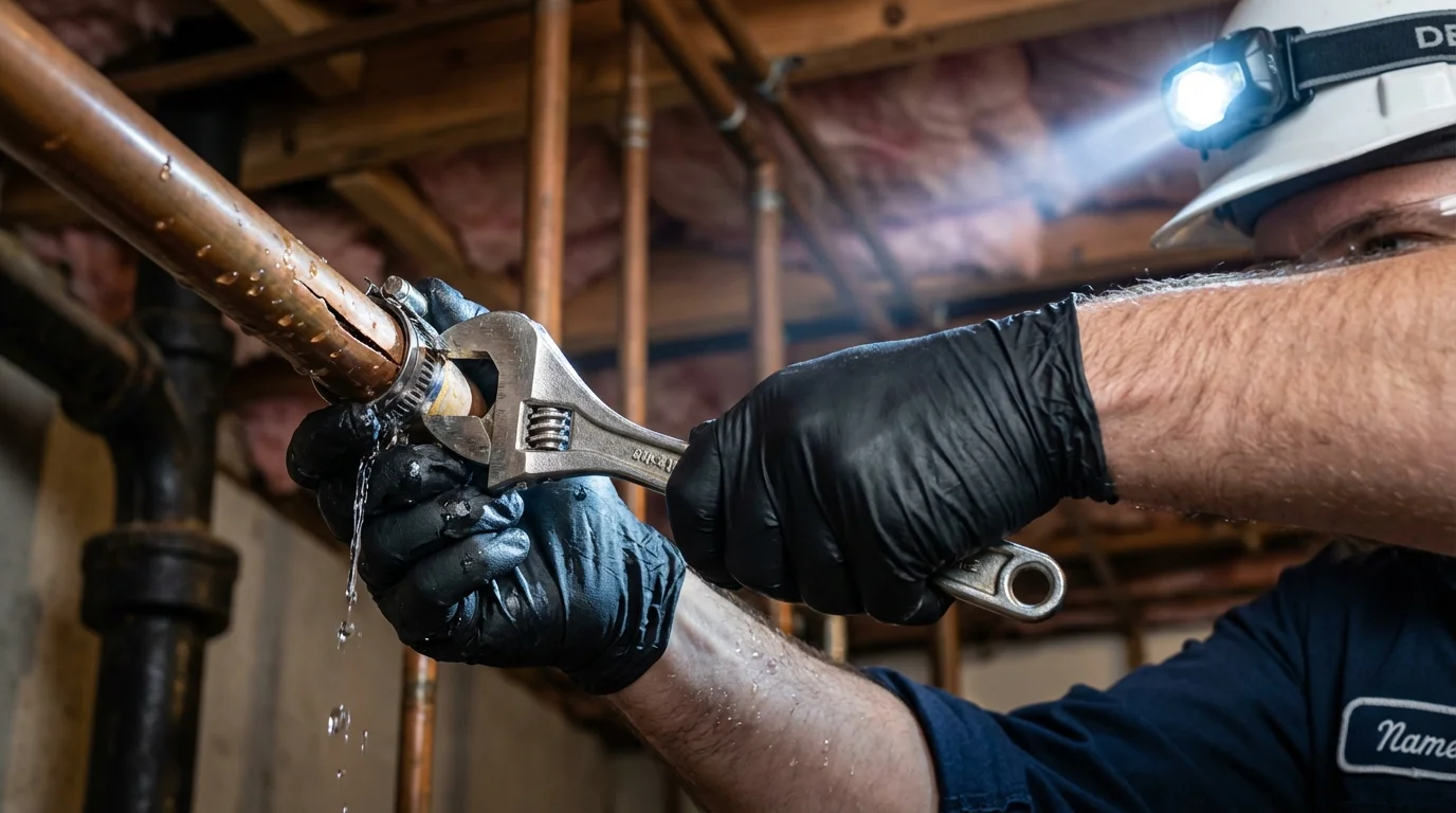 Emergency pipe clamp repair being performed by a Johns Plumbing LLC plumber in Great Barrington