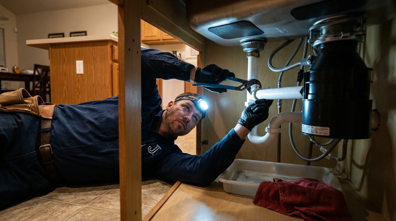 P-trap and supply line connections under a kitchen sink showing a common leak point in Great Barrington, MA
